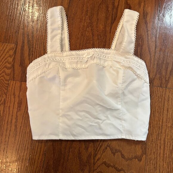 Coquette Bow Eyelet Lace Trim Crisp Cotton Cropped Top Size XS Square Neck Twee - Picture 2 of 10